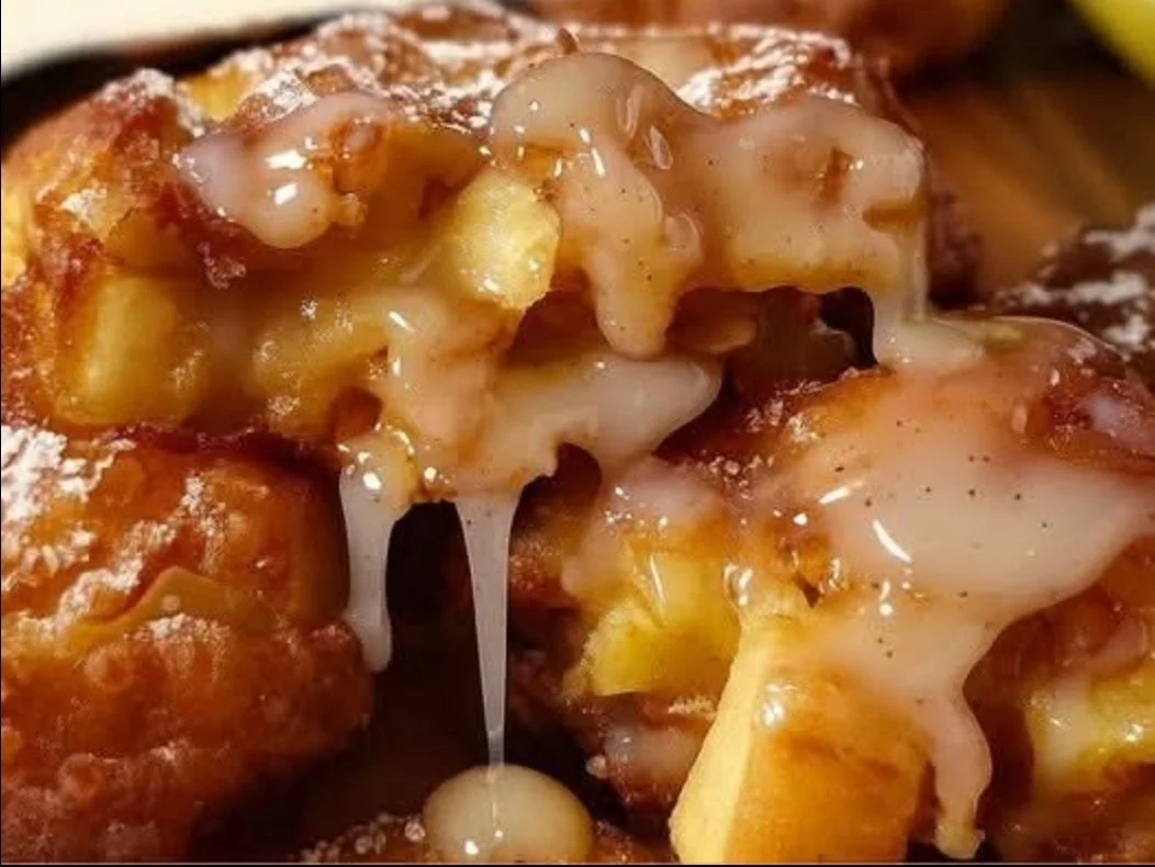Freshly made apple fritters dusted with powdered sugar
