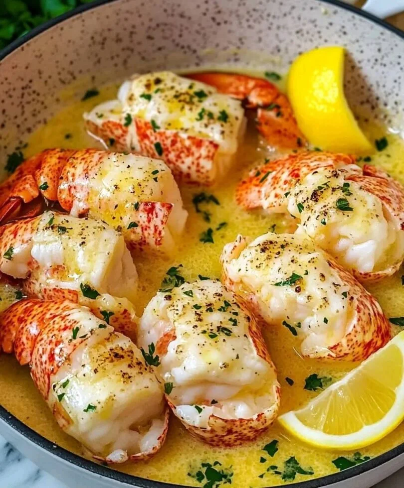 Delicious butter-poached lobster tails served elegantly on a plate