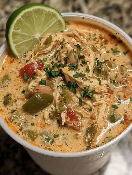 Cajun White Chicken Chili Bowl of Cajun White Chicken Chili topped with fresh herbs and spices.