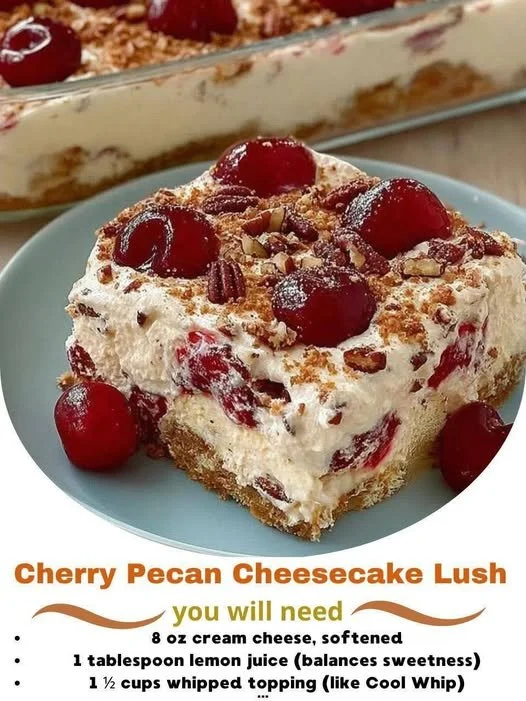 Cherry Pecan Cheesecake Lush dessert topped with cherries and pecans