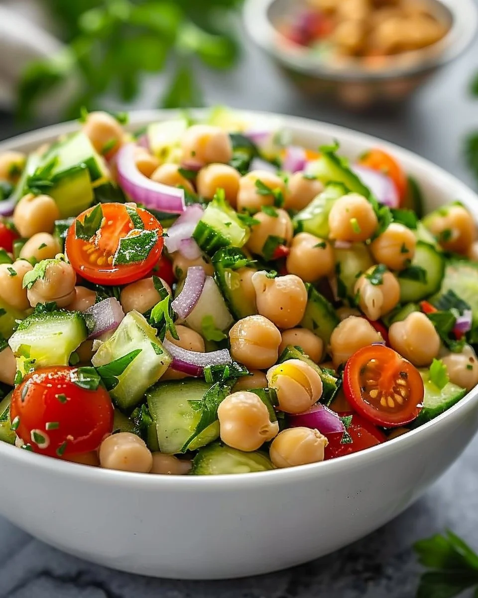 Fresh chickpea cucumber tomato salad with vibrant ingredients