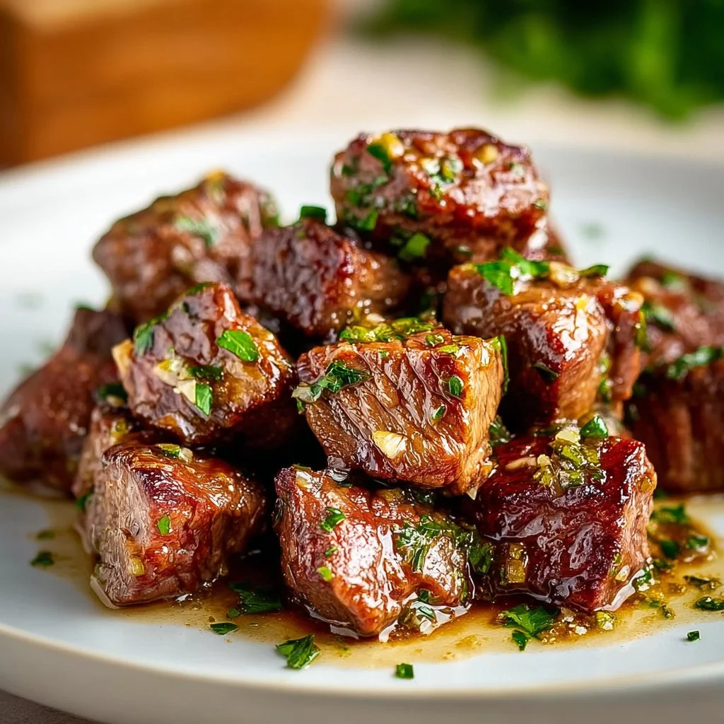 Delicious Garlic Butter Steak Bites garnished with fresh parsley