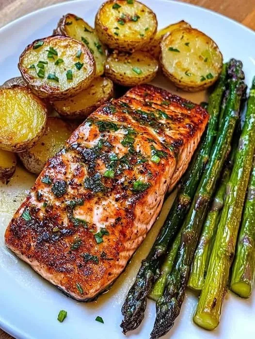 Grilled Salmon with Asparagus and Baby Potatoes Grilled salmon served with asparagus and baby potatoes on a plate