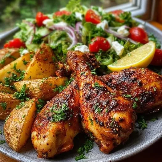 HERB PAPRIKA ROAST CHICKEN WITH CRISPY POTATOES & GARDEN SALAD Herb paprika roast chicken served with crispy potatoes and a fresh garden salad.