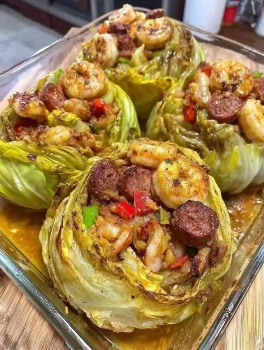 Keto Cajun Shrimp and Sausage Stuffed Cabbage served on a plate