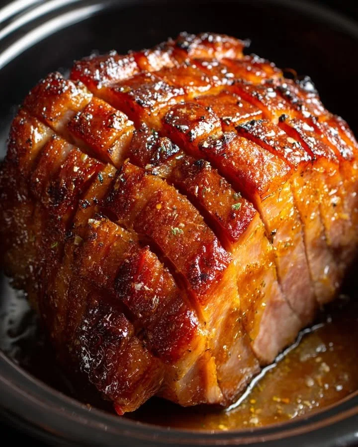 Slow Cooker Cola Ham glazed with honey and mustard, served on a platter.