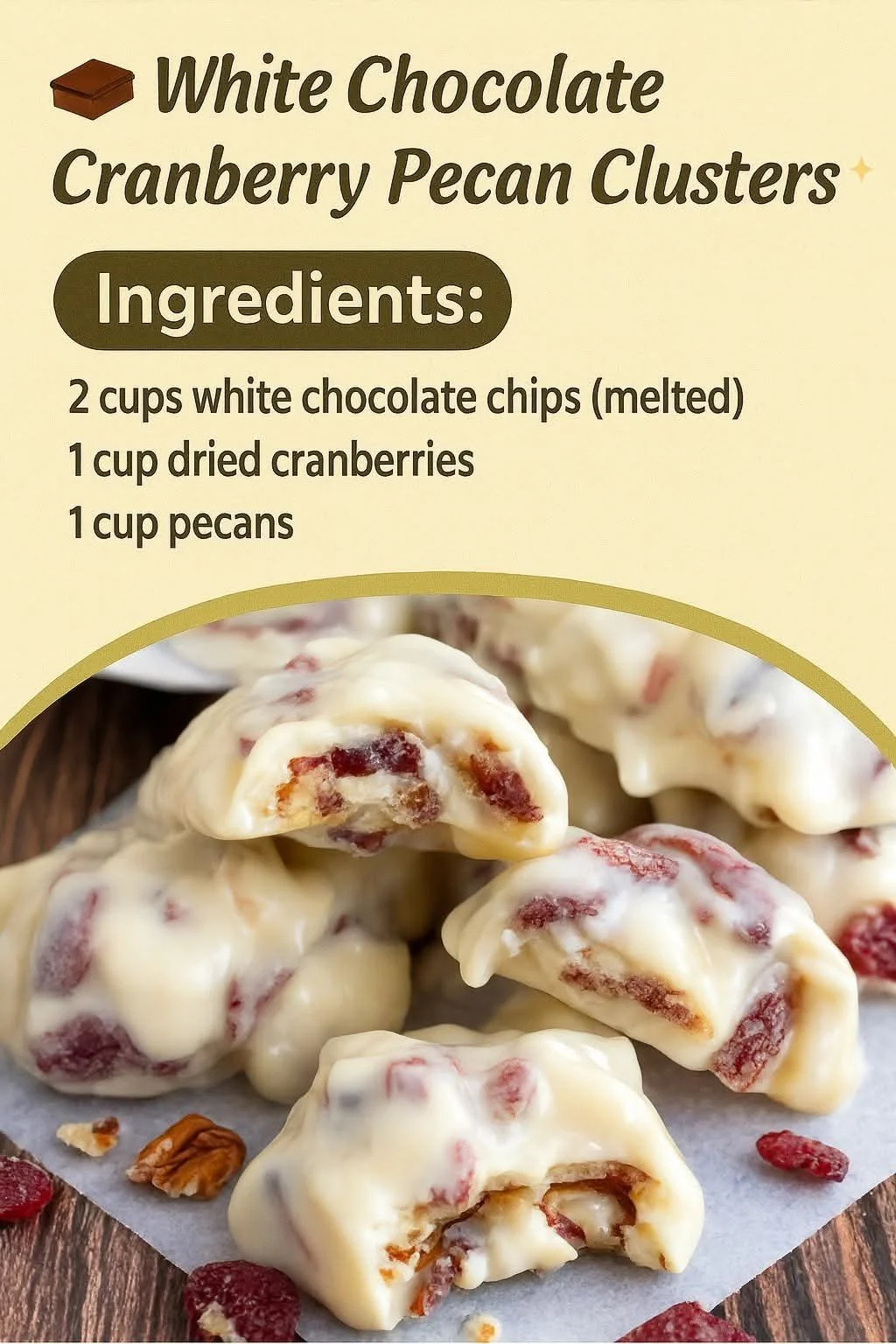 White chocolate cranberry pecan clusters ready to enjoy