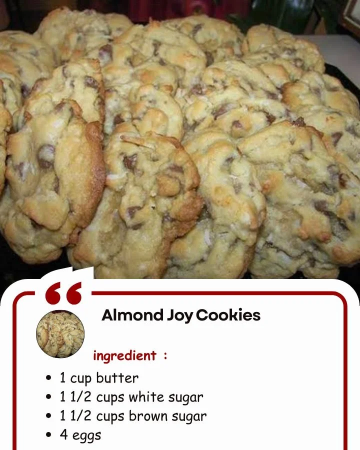 Batch of homemade Almond Joy Cookies with chocolate and coconut topping