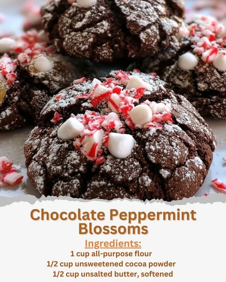 Plate of homemade Chocolate Peppermint Blossoms with festive decorations.