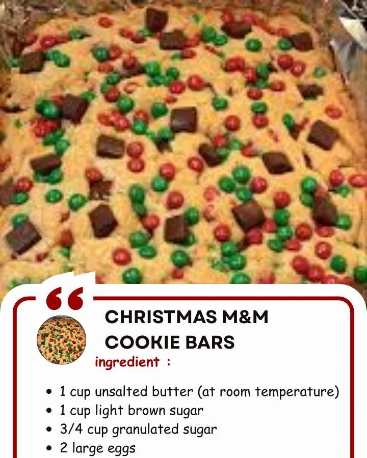 Christmas M&M Cookie Bars Delicious Christmas M&M cookie bars with colorful candies on top.