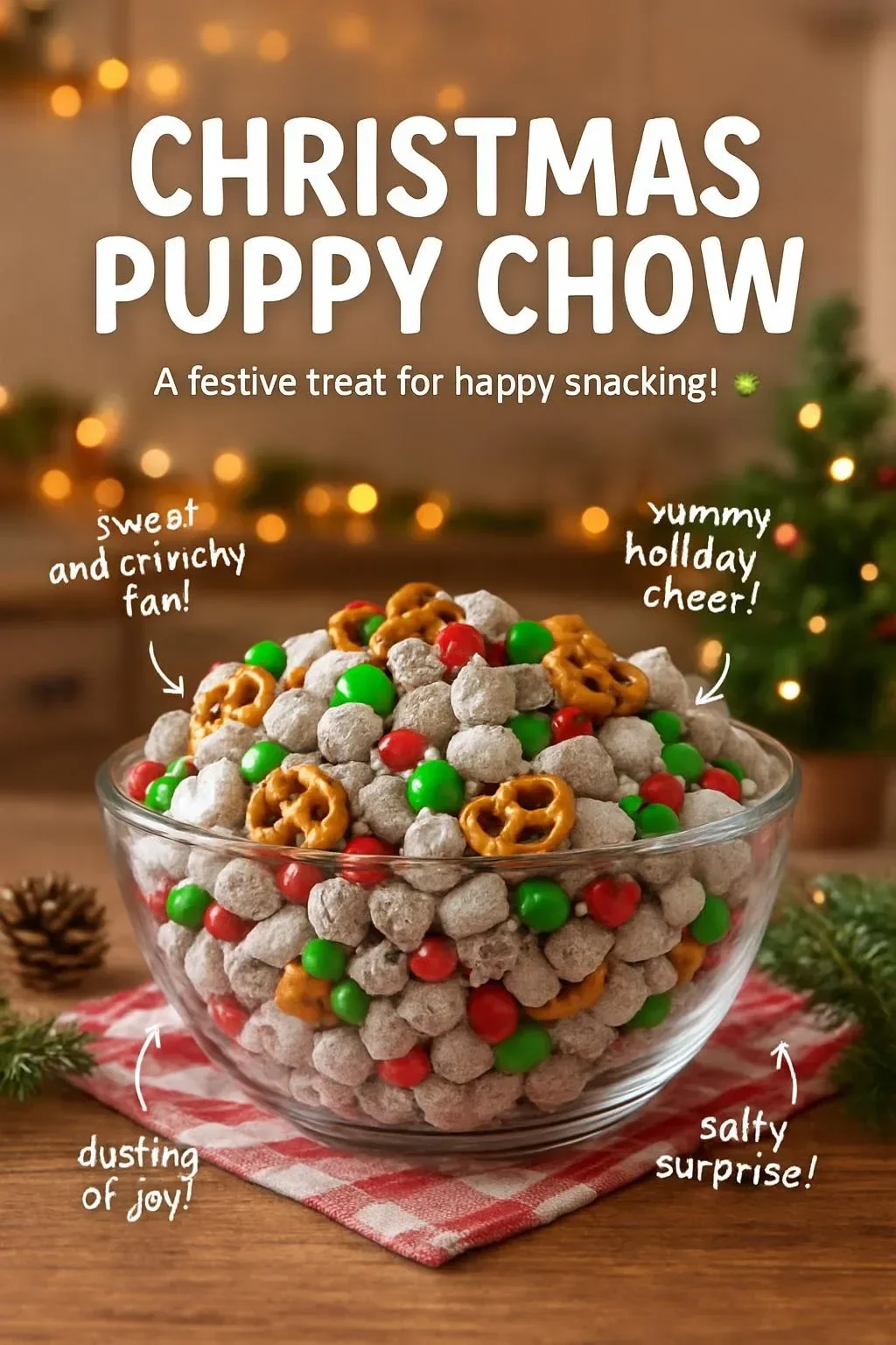 Delicious Christmas Puppy Chow in a festive bowl