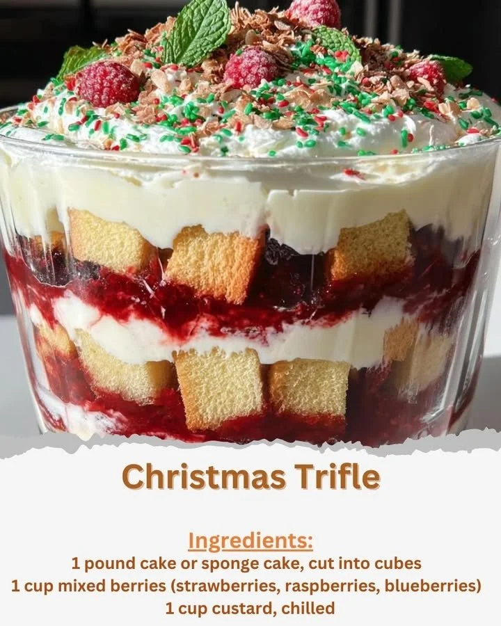 Layers of delicious Christmas Trifle with fruits, cream, and cake in a glass dish