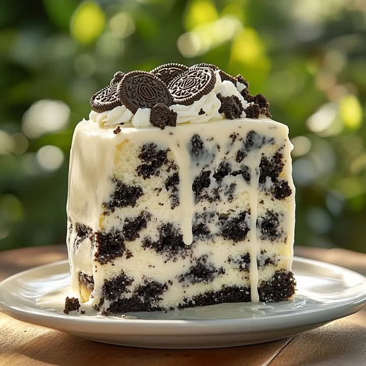 Layers of Cookies and Cream Oreo Cake topped with chocolate frosting and Oreo crumbs