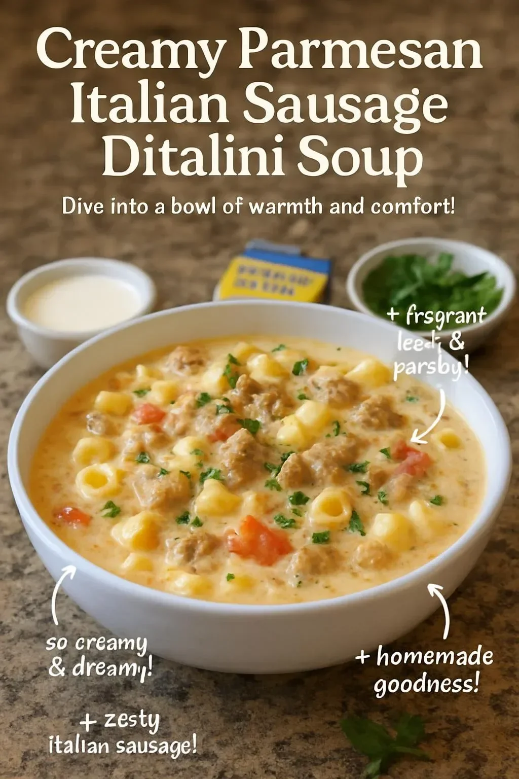 Bowl of creamy Parmesan sausage soup with ditalini pasta and vegetables