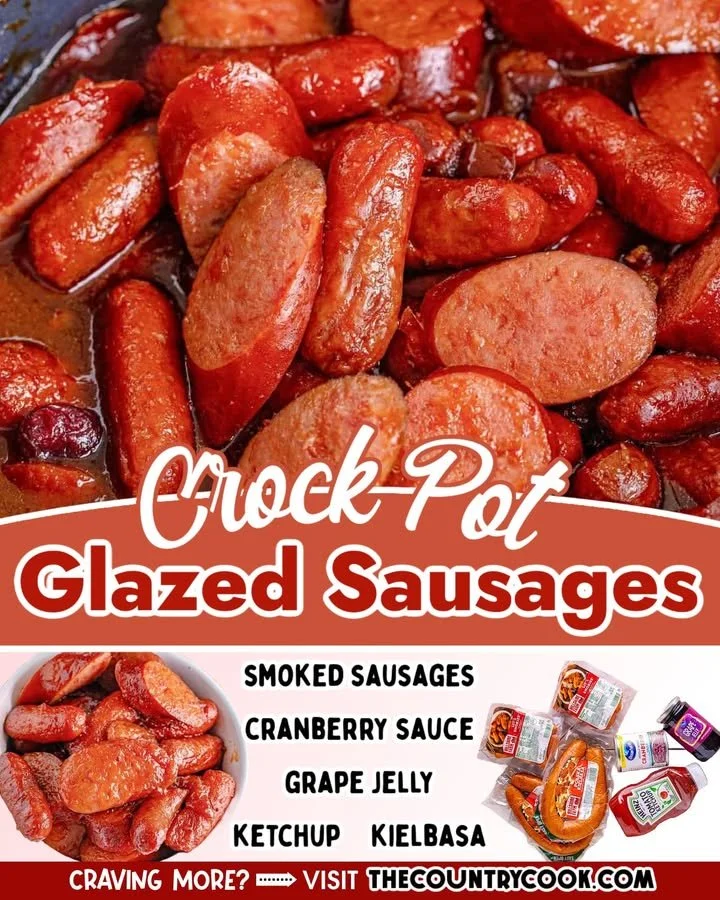 Crock pot glazed sausages with a shiny glaze and garnished in a serving dish.