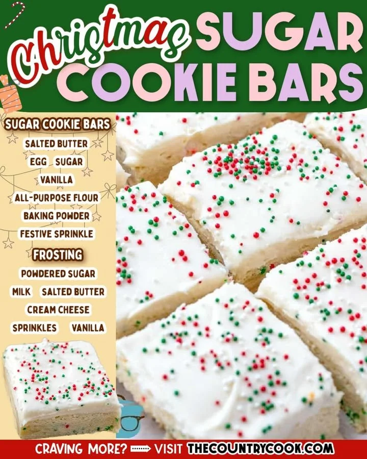 Delicious holiday sugar cookie bars decorated with frosting and sprinkles.