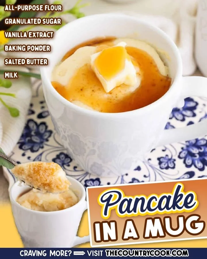 Delicious pancake in a mug recipe served with syrup and berries.