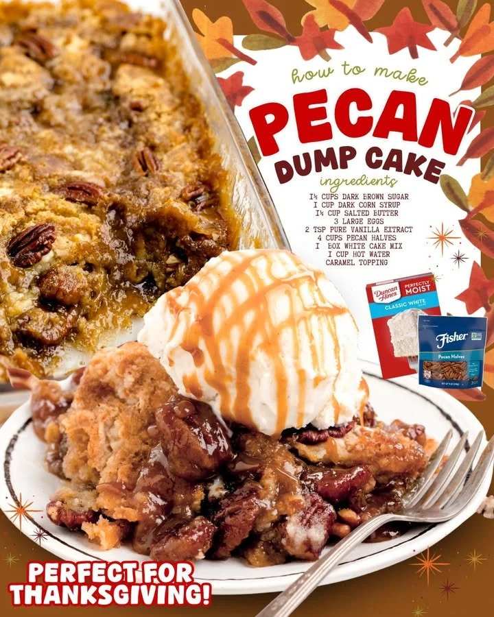 Delicious Pecan Dump Cake ready to serve, topped with pecans and a golden crust.