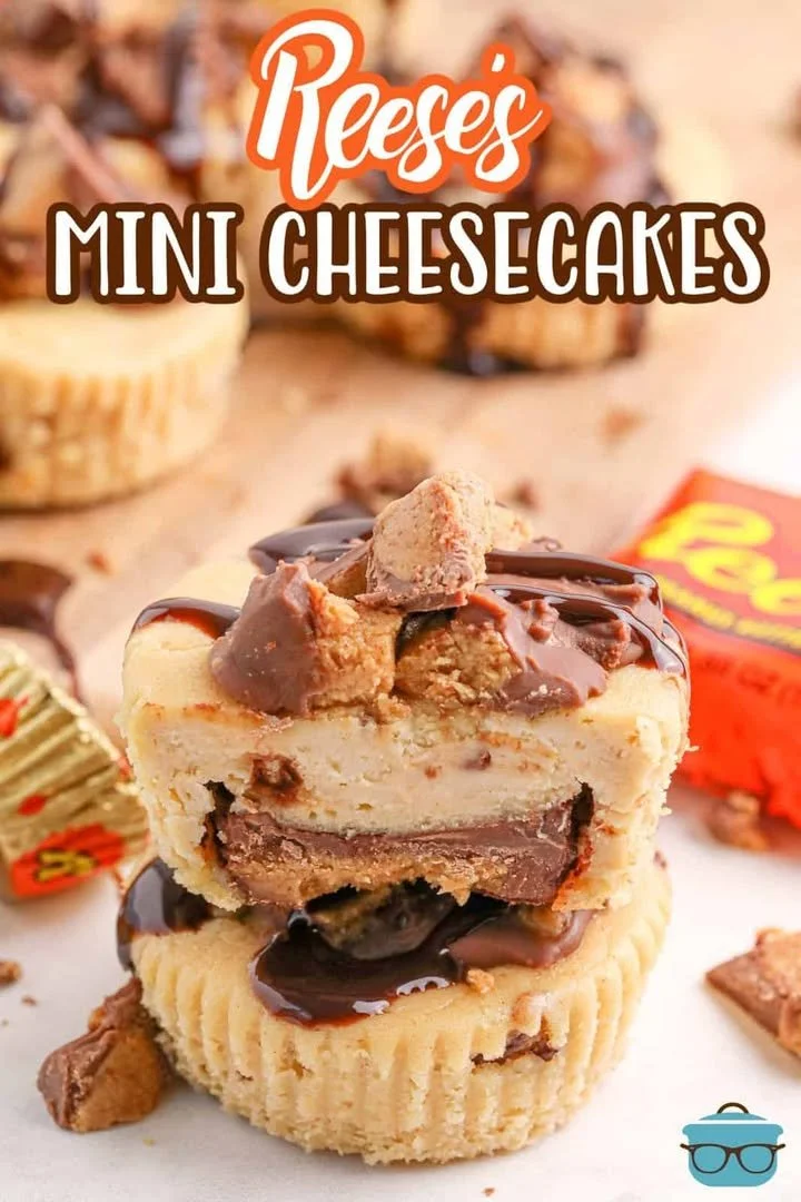 Delicious Reese's mini cheesecakes topped with chocolate and peanut butter