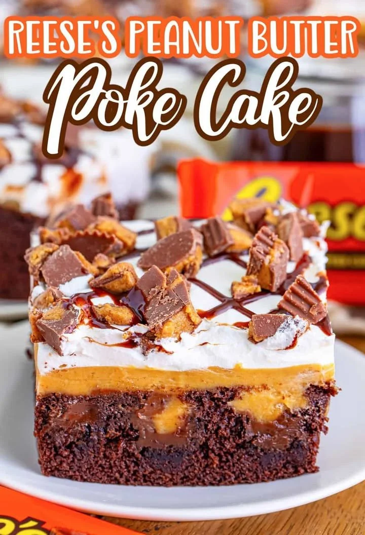 Reese’s Peanut Butter Poke Cake topped with chocolate and peanut butter frosting