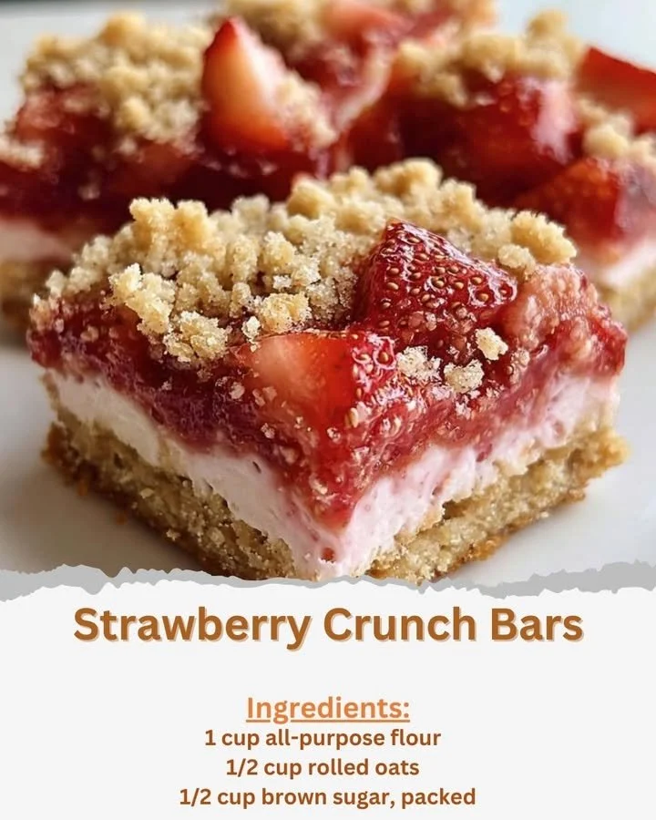 Delicious strawberry crunch bars with layers of strawberry and crunchy topping