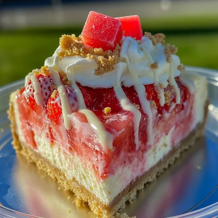 White Chocolate Drizzled Strawberry Crunch Cheesecake dessert