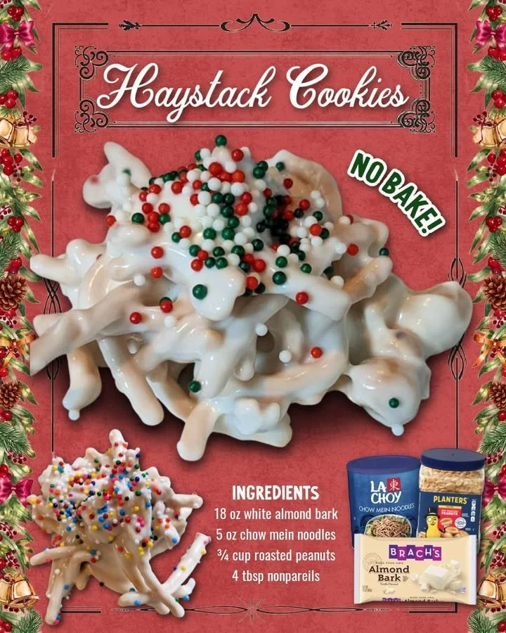 Homemade white chocolate haystacks with coconut and nuts on a plate.