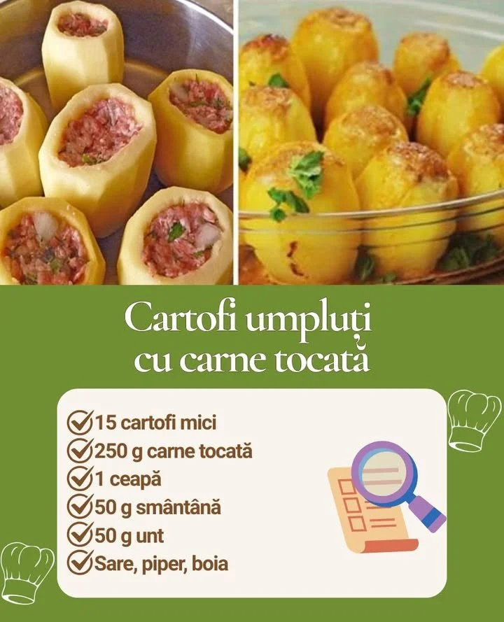 Cartofi savuroși, umpluți cu carne tocată Cartofi savuroși umpluți cu carne tocată, serviti pe o farfurie