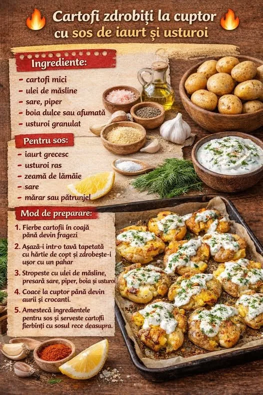 Cartofi zdrobiți la cuptor cu sos de iaurt și usturoi Cartofi zdrobiți la cuptor cu sos de iaurt și usturoi delicios