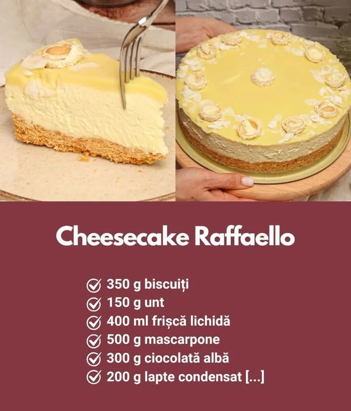 Cheesecake Raffaello cremos și delicat, decorat cu fulgi de cocos