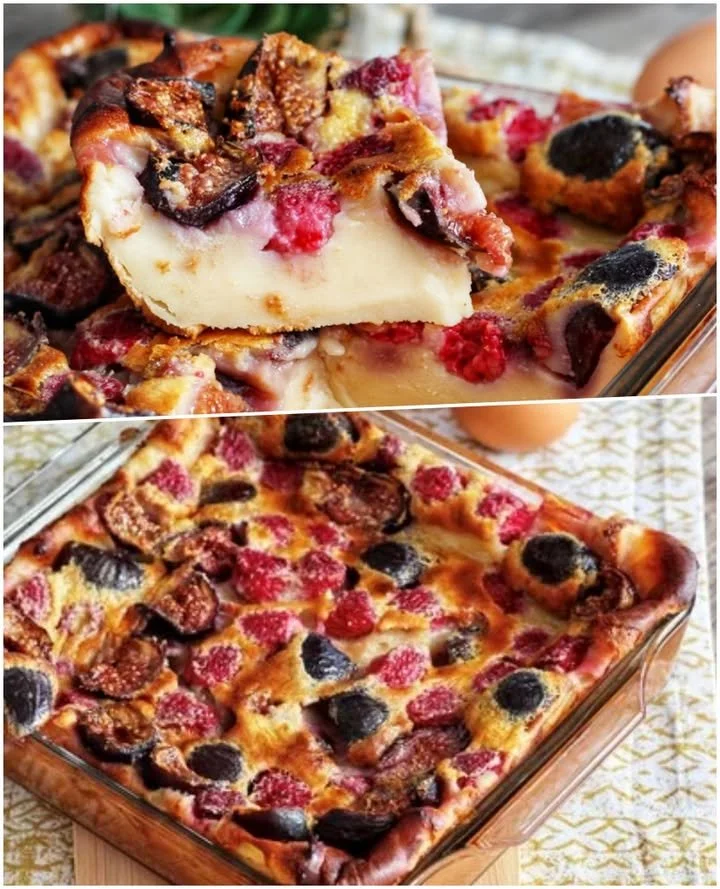 Clafoutis delicios cu fructe, aromat și cremos, servit pe o farfurie albă.