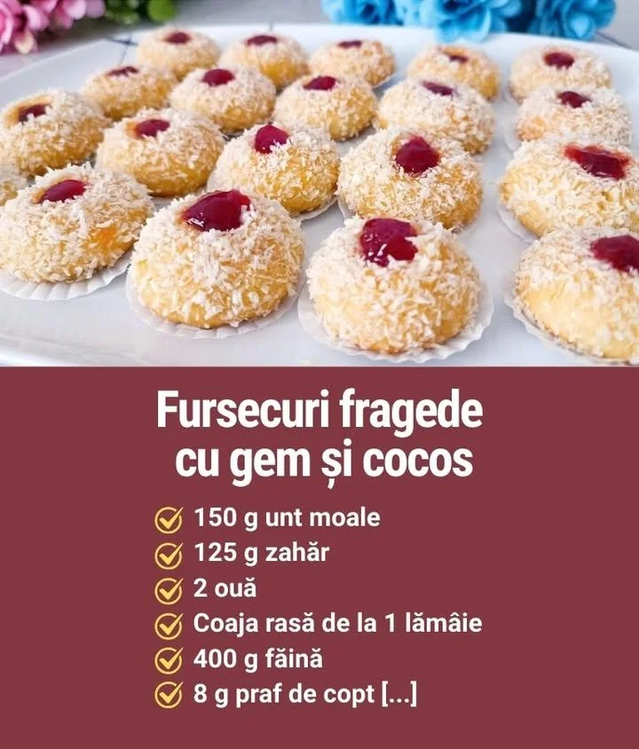 Fursecuri cu cocos și gem, prăjituri delicioase și aromate