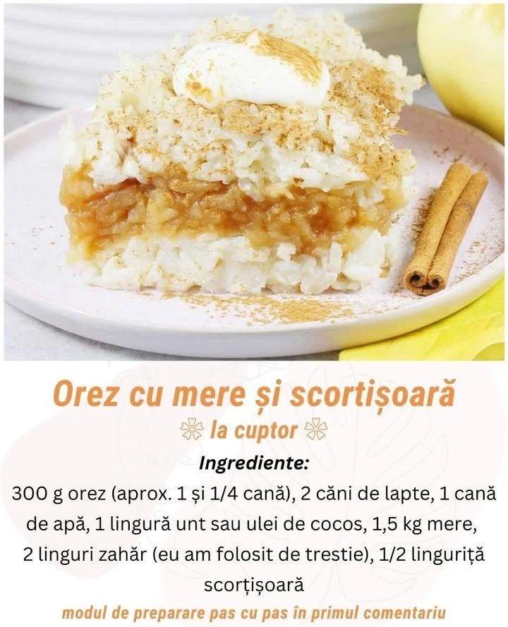 Orez cu mere și scorțișoară la cuptor, un desert delicios și aromat.