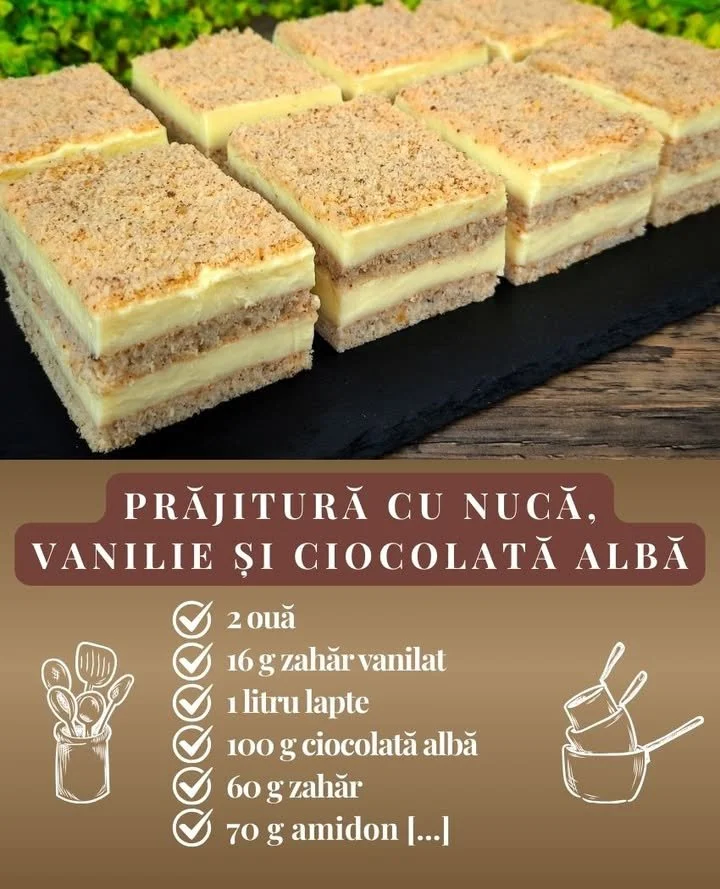 Prajitură cu ciocolată albă, vanilie și nucă, servită pe un platou festiv.