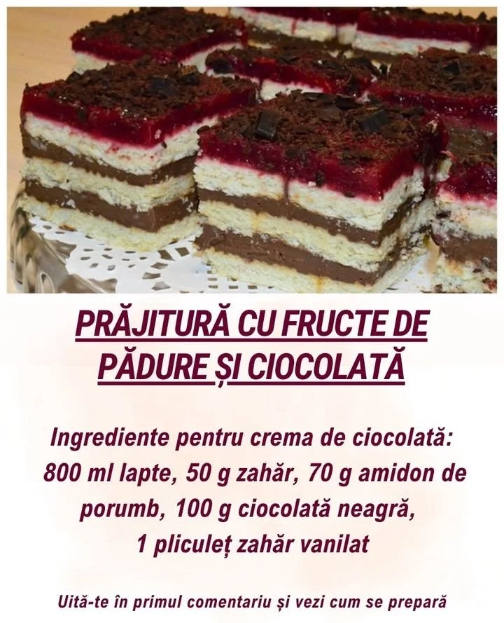 Prăjitură cu fructe de pădure și ciocolată, decorată artistic