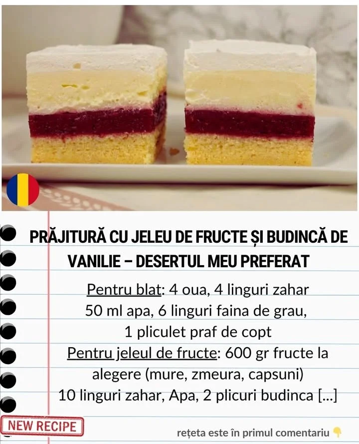 Prăjitură cu jeleu de fructe și budincă de vanilie