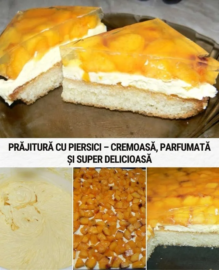 Prajitura cu piersici Prajitura cu piersici proaspete și cremă delicioasă