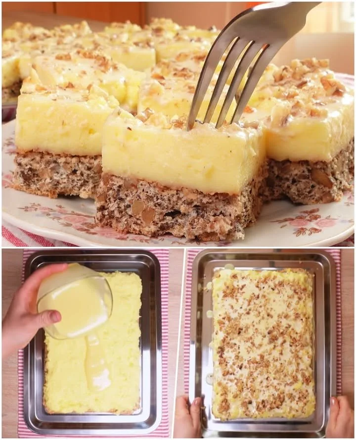 Prăjitură la tavă cremoasă și aromată Prăjitură cremoasă la tavă, aromată și delicioasă, servită pe o farfurie.