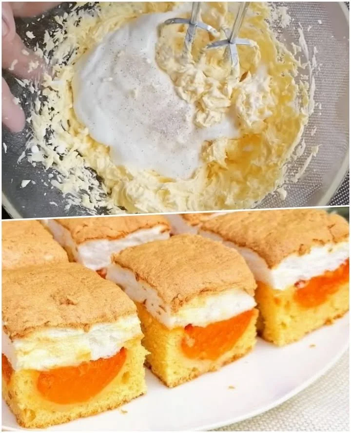 Prăjitură la tavă cu bezea și caise