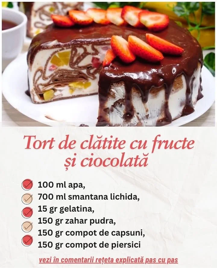 Tort de clătite cu fructe și ciocolată